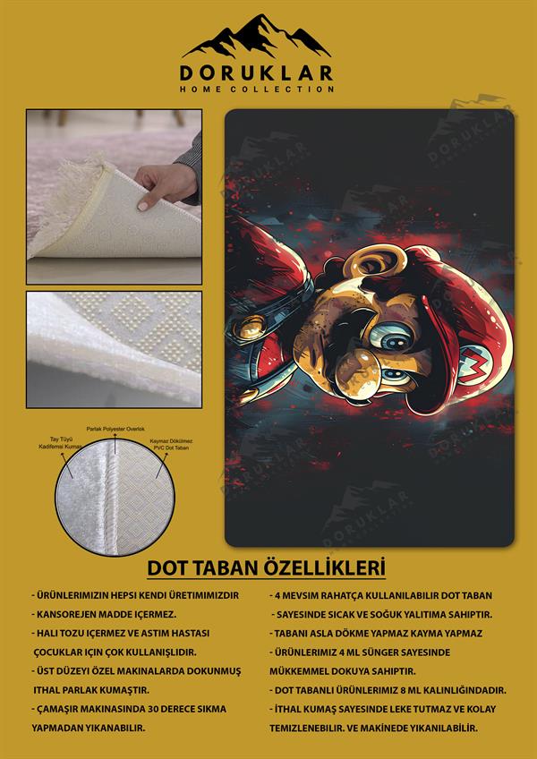 Kaymaz Taban Makinada Yıkanabilir Dijital Baskı Mario Desenli Genç Halısı Dot Taban Halı