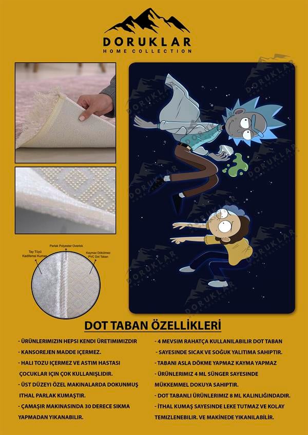Kaymaz Taban Makinada Yıkanabilir Dijital Baskı Rick and Morty Desenli Çocuk Odası Halısı Dot Taban Halı RM01