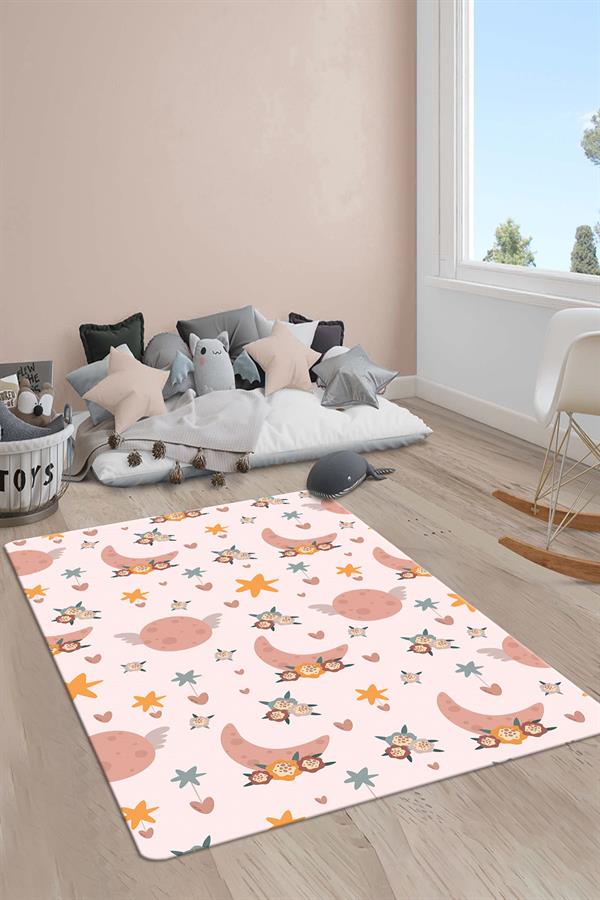 Kaymaz Taban Makinada Yıkanabilir Dijital Baskı Ay Desenli Çocuk Odası Halısı Dot Taban Halı RB07