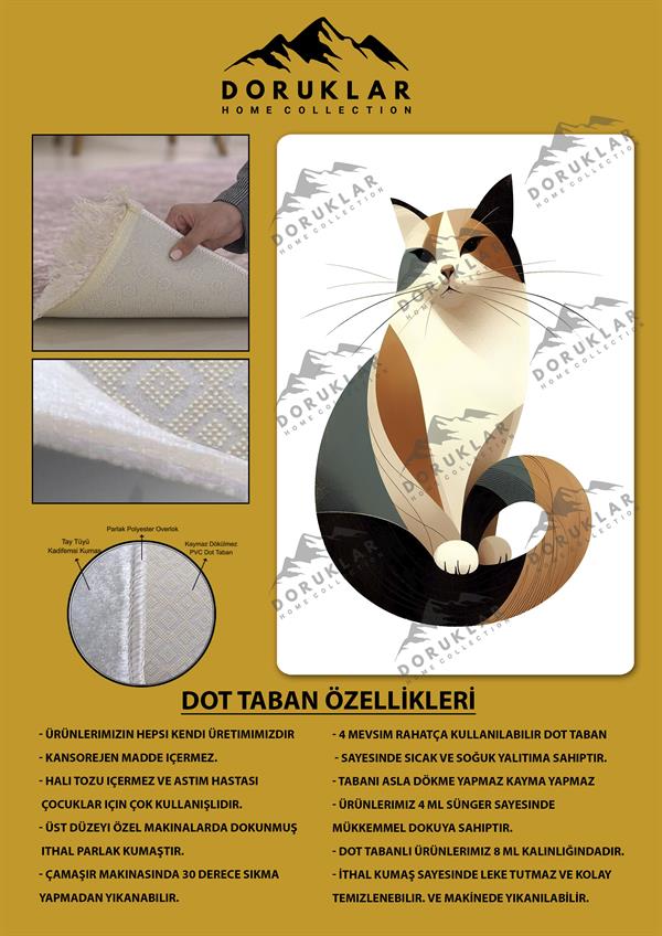 Kaymaz Taban Makinada Yıkanabilir Dijital Baskı Kedi Desenli Genç Halısı Dot Taban Halı