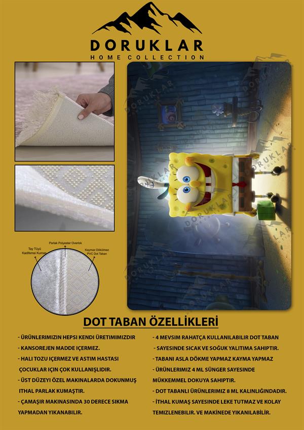 Kaymaz Taban Makinada Yıkanabilir Dijital Baskı Süngerbob Desenli Genç ve Çocuk Odası Halısı