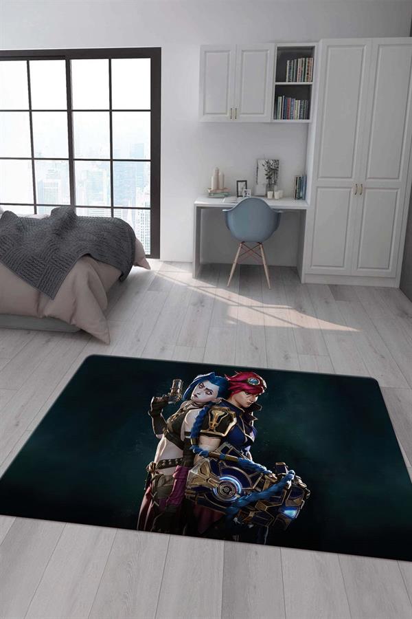 Kaymaz Taban Makinada Yıkanabilir Dijital Baskı Arcane Jinx ve Vi Desenli Çocuk Odası Halısı Dot Taban Halı ARC17