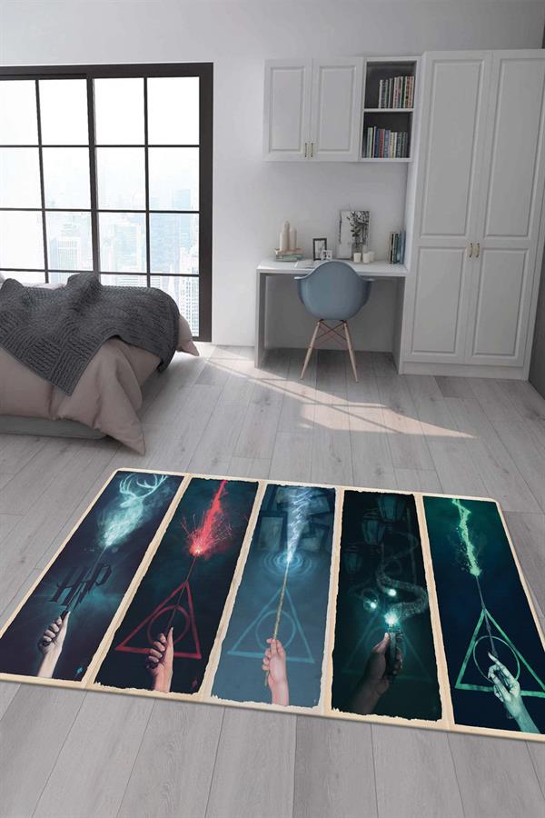 Kaymaz Taban Makinada Yıkanabilir Dijital Baskı Harry Potter Asalar Desenli Genç Odası Halısı
