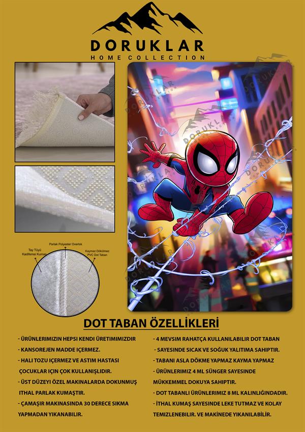 Kaymaz Taban Makinada Yıkanabilir Dijital Baskı Spiderman Desenli Genç Odası Halısı Dot Taban Halı GNC18