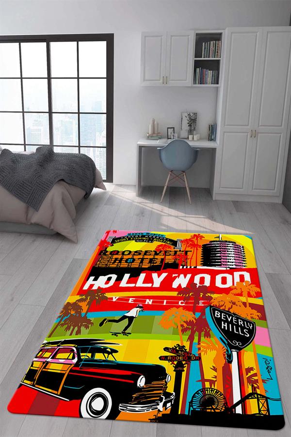 Kaymaz Taban Makinada Yıkanabilir Dijital Baskı Retro Desenli Çocuk Genç Odası Halısı Dot Taban Halı RTR08