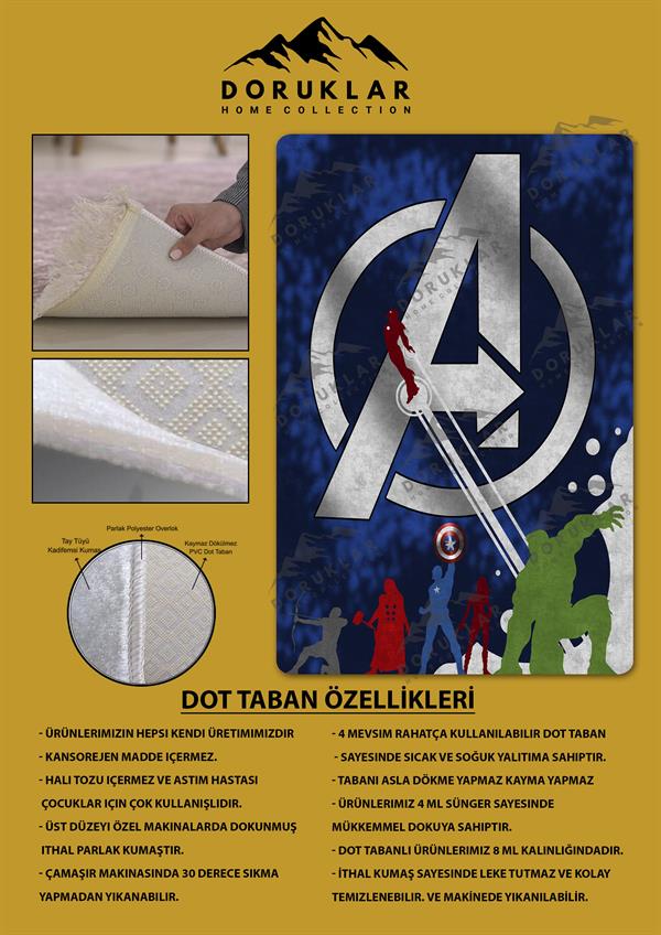 Kaymaz Taban Makinada Yıkanabilir Dijital Baskı Marvel Avengers Desenli Genç Odası Halısı