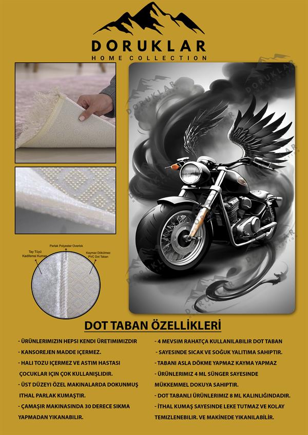 Kaymaz Taban Makinada Yıkanabilir Dijital Baskı Motor Desenli Genç Odası Halısı Dot Taban Halı GNC01