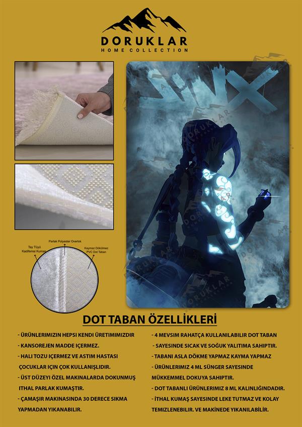 Kaymaz Taban Makinada Yıkanabilir Dijital Baskı Arcane Jinx Desenli Çocuk Odası Halısı Dot Taban Halı ARC01
