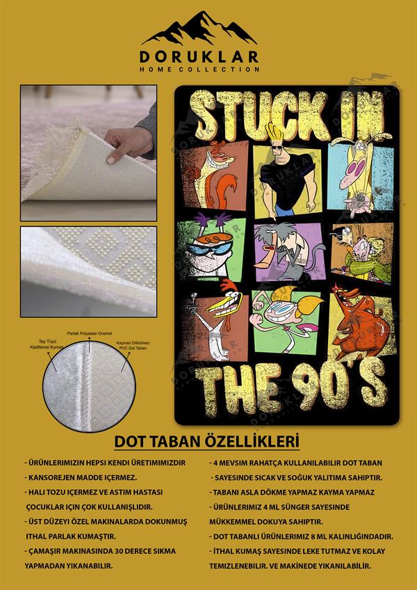Kaymaz Taban Makinada Yıkanabilir Dijital Baskı Retro Desenli Çocuk Genç Odası Halısı Dot Taban Halı RTR25