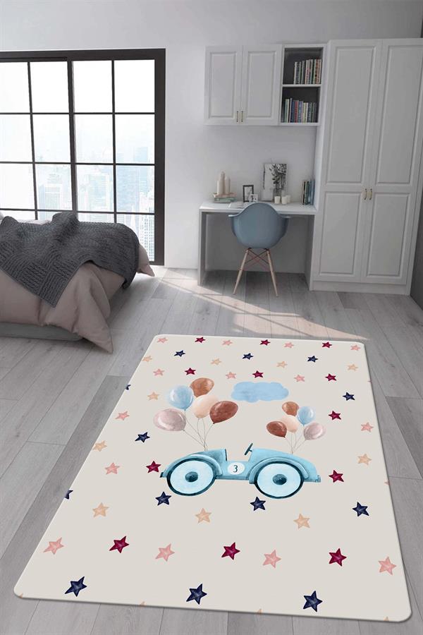 Kaymaz Taban Makinada Yıkanabilir Dijital Baskı Araba Desenli Çocuk Odası Halısı Dot Taban Halı