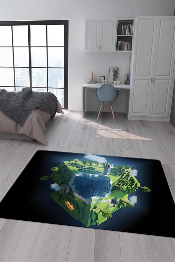Kaymaz Taban Makinada Yıkanabilir Dijital Baskı Minecraft Desenli Genç Odası Halısı