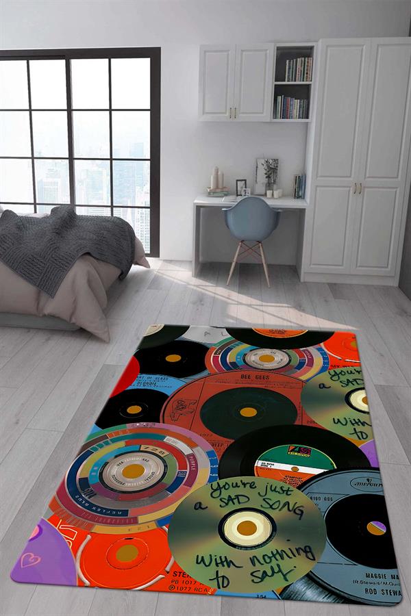 Kaymaz Taban Makinada Yıkanabilir Dijital Baskı Retro Desenli Çocuk Genç Odası Halısı Dot Taban Halı RTR27