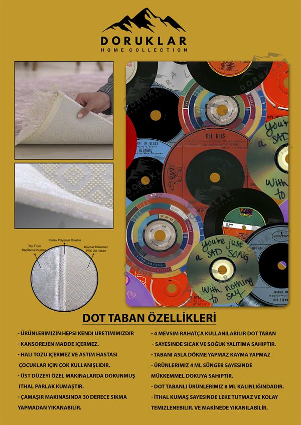 Kaymaz Taban Makinada Yıkanabilir Dijital Baskı Retro Desenli Çocuk Genç Odası Halısı Dot Taban Halı RTR27