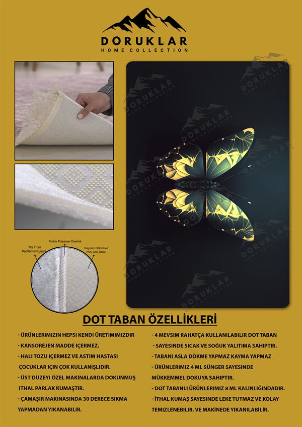 Kaymaz Taban Makinada Yıkanabilir Dijital Baskı Kelebek Desenli Genç Odası Halısı