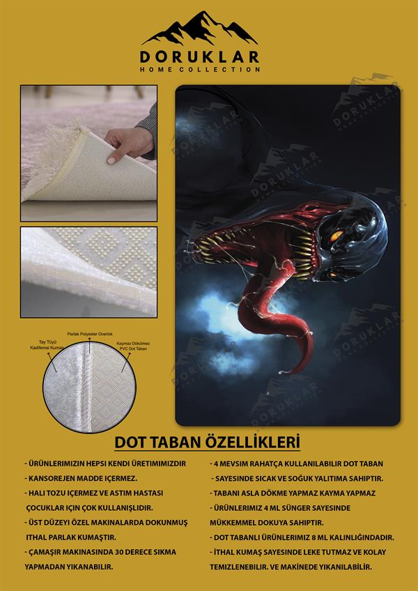 Kaymaz Taban Makinada Yıkanabilir Dijital Baskı Venom Desenli Genç Odası Halısı
