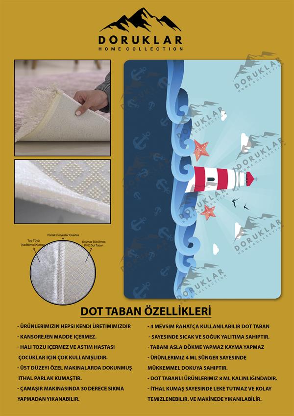 Kaymaz Taban Makinada Yıkanabilir Dijital Baskı Deniz Feneri Desenli Çocuk Odası Halısı Dot Taban Halı