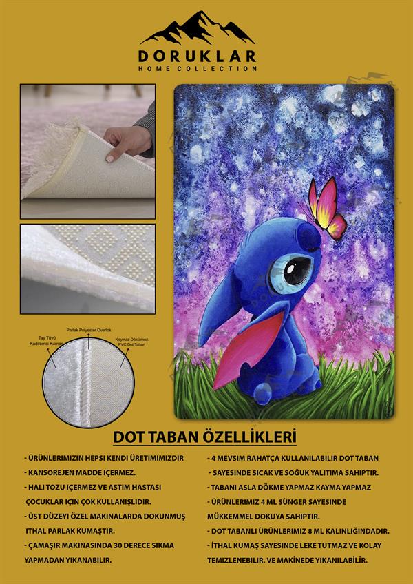 Kaymaz Taban Makinada Yıkanabilir Dijital Baskı Stitch Desenli Çocuk Odası Halısı Dot Taban Halı 0010
