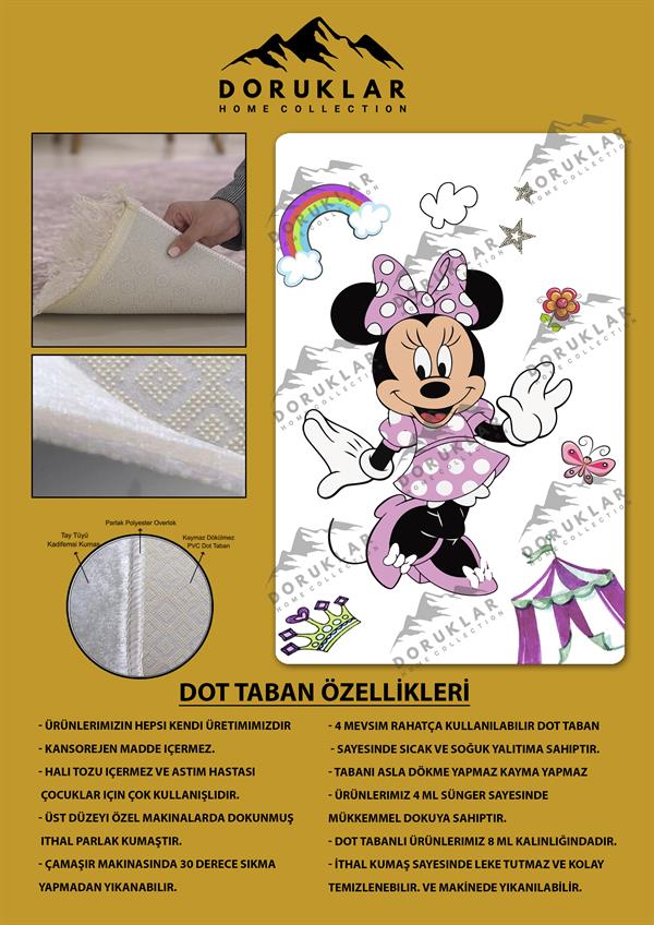 Kaymaz Taban Makinada Yıkanabilir Dijital Baskı Minnie Mouse Desenli Çocuk Odası Halısı Dot Taban Halı