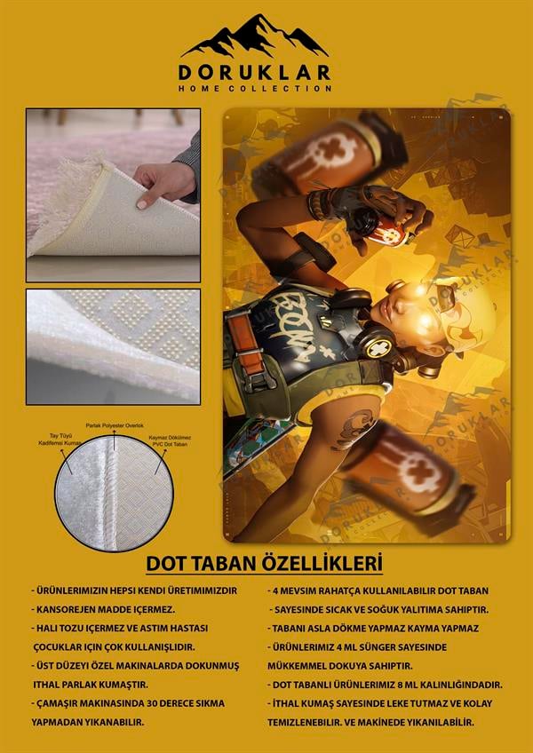 Kaymaz Taban Makinada Yıkanabilir Dijital Baskı Valorant Raze Desenli Çocuk Odası Halısı Dot Taban Halı VL03
