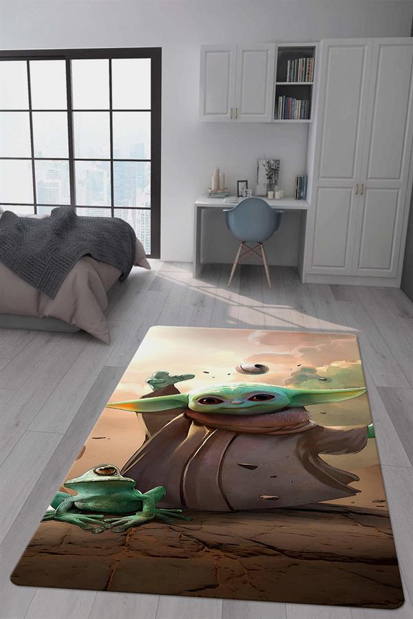 Kaymaz Taban Makinada Yıkanabilir Dijital Baskı Baby Yoda Desenli Genç Odası Halısı Dot Taban Halı GNC53