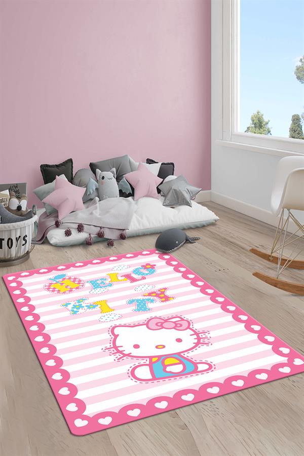 Kaymaz Taban Makinada Yıkanabilir Dijital Baskı Hello Kitty Desenli Çocuk Odası Halısı Dot Taban Halı