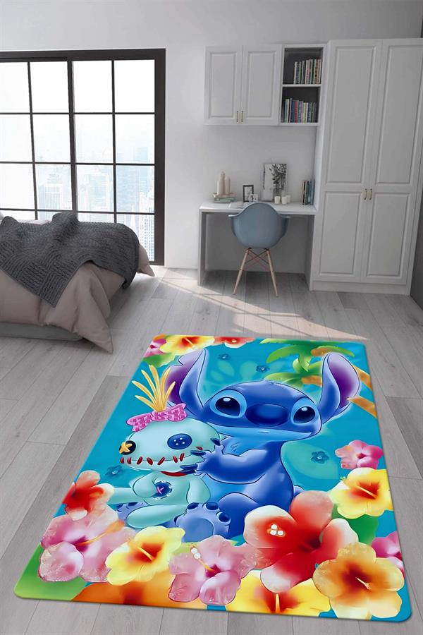 Kaymaz Taban Makinada Yıkanabilir Dijital Baskı Stitch Desenli Çocuk Odası Halısı Dot Taban Halı 0008