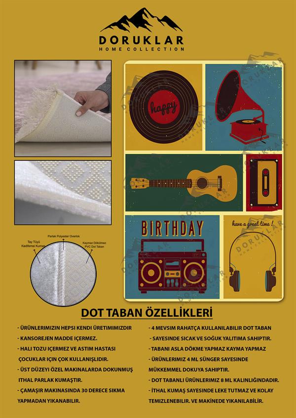 Kaymaz Taban Makinada Yıkanabilir Dijital Baskı Retro Desenli Çocuk Genç Odası Halısı Dot Taban Halı RTR03