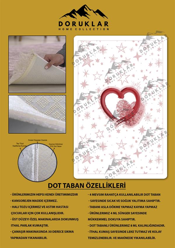 Kaymaz Taban Makinada Yıkanabilir Dijital Baskı Kalp Yıldız Desenli Çocuk Odası Halısı Dot Taban Halı