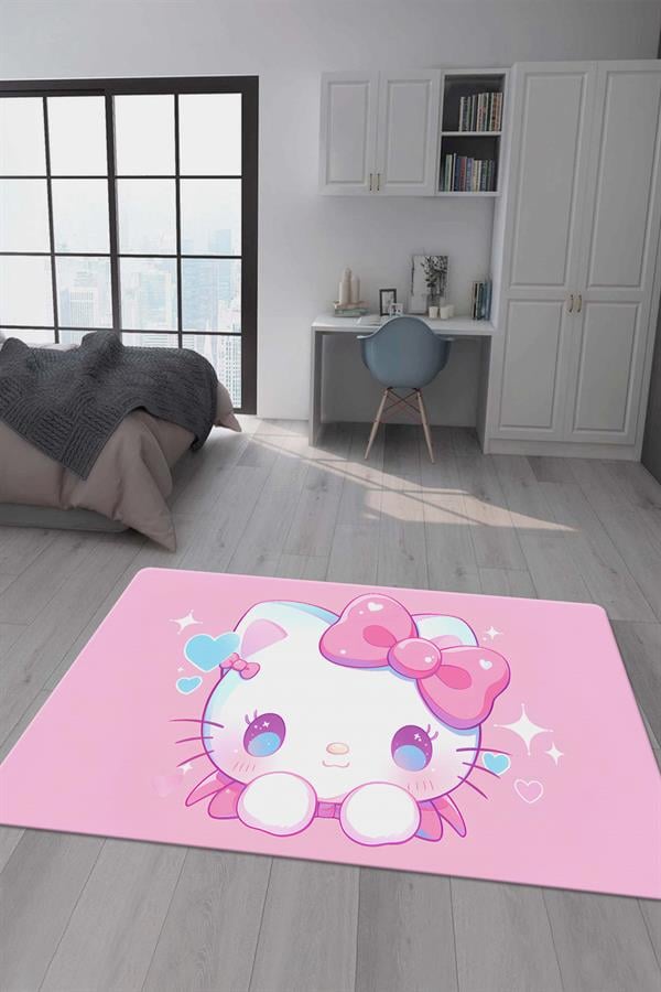Kaymaz Taban Makinada Yıkanabilir Dijital Baskı Hello Kitty Desenli Genç Odası Halısı Dot Taban Halı GNC69