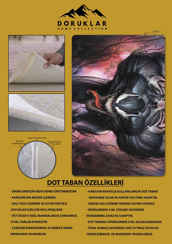 Kaymaz Taban Makinada Yıkanabilir Dijital Baskı Venom Desenli Genç Odası Halısı
