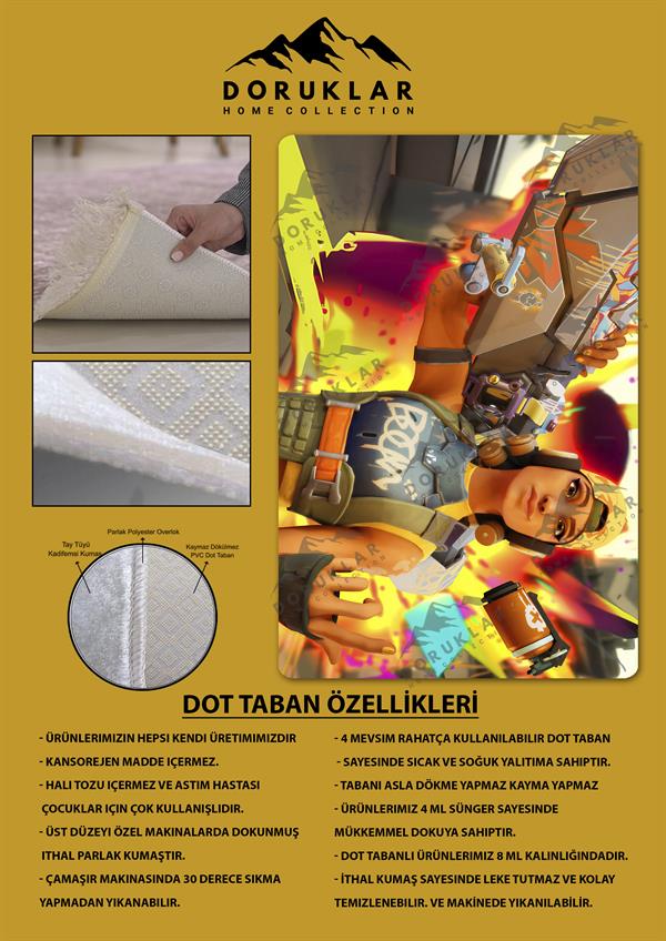 Kaymaz Taban Makinada Yıkanabilir Dijital Baskı Valorant Raze Desenli Genç Odası ve Çocuk Odası Halısı Dot Taban Halı