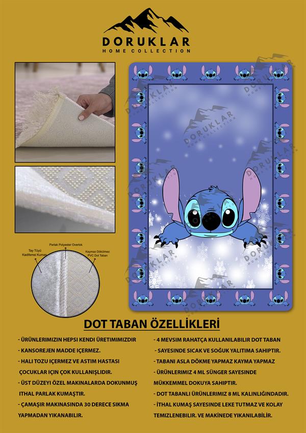 Kaymaz Taban Makinada Yıkanabilir Dijital Baskı Stitch Desenli Çocuk Odası Halısı Dot Taban Halı 0013