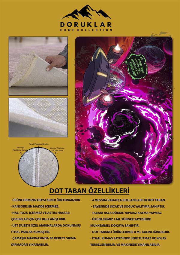 Kaymaz Taban Makinada Yıkanabilir Dijital Baskı Rick and Morty Desenli Çocuk Odası Halısı Dot Taban Halı RM07