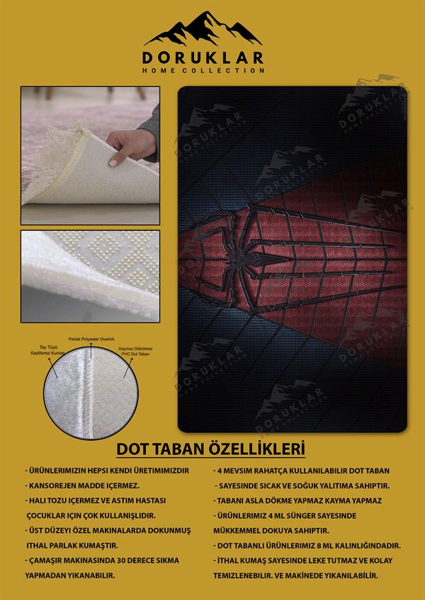 Kaymaz Taban Makinada Yıkanabilir Dijital Baskı SpiderMan Desenli Genç Odası Halısı
