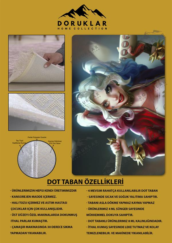 Kaymaz Taban Makinada Yıkanabilir Dijital Baskı Harley Quinn Desenli Genç Odası Halısı