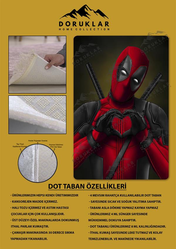 Kaymaz Taban Makinada Yıkanabilir Dijital Baskı Deadpool Desenli Genç ve Çocuk Odası Halısı Dot Taban Hal