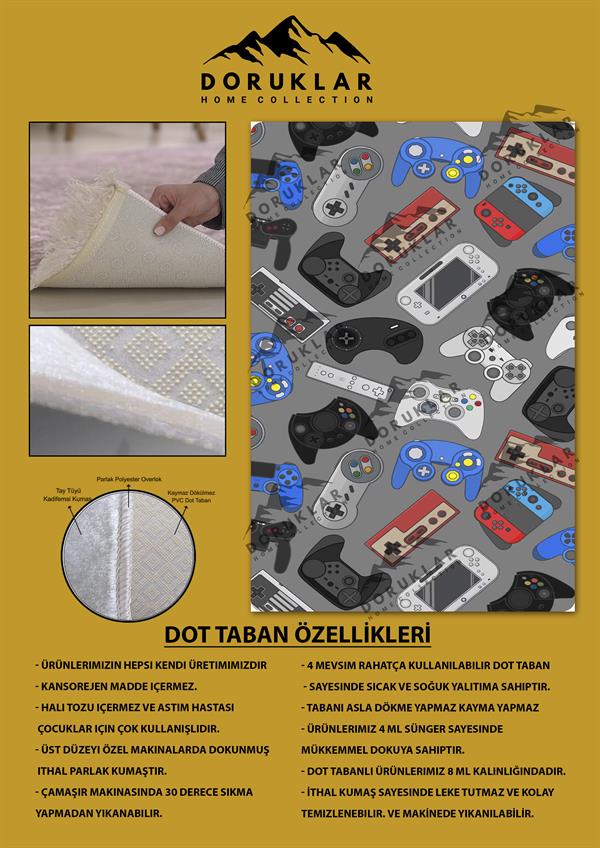 Kaymaz Taban Makinada Yıkanabilir Gamer Konsol Desenli Çocuk Halısı