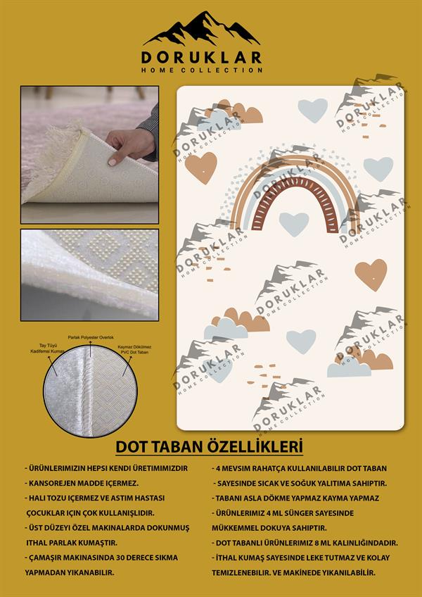 Kaymaz Taban Makinada Yıkanabilir Gökkuşağı Kalp Desenli Çocuk Halısı