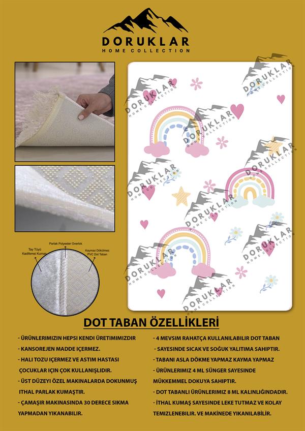 Kaymaz Taban Makinada Yıkanabilir Gökkuşağı Bulut Desenli Çocuk Halısı