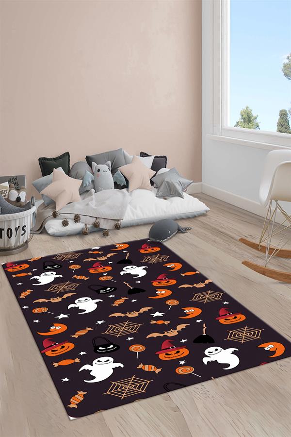 Kaymaz Taban Makinada Yıkanabilir Hallowen Desenli Çocuk Halısı