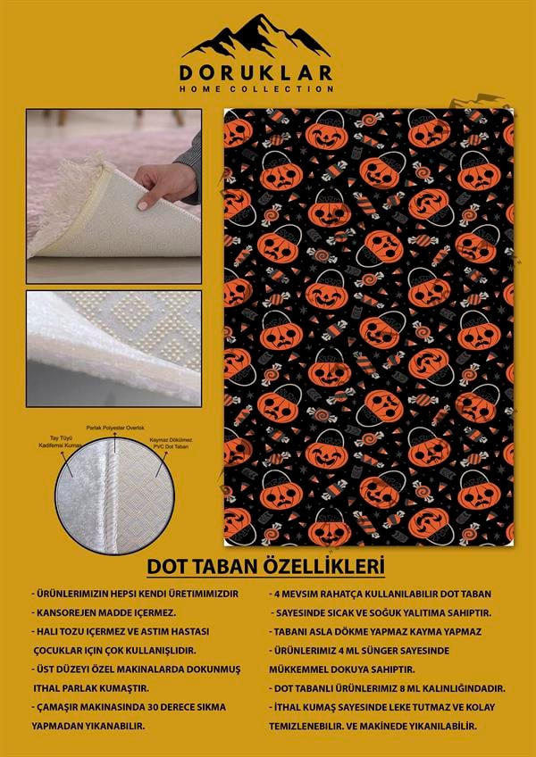 Kaymaz Taban Makinada Yıkanabilir Hallowen Desenli Çocuk Halısı