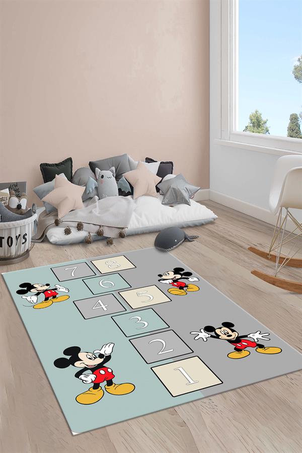 Kaymaz Taban Makinada Yıkanabilir Mickey Mouse Seksek Desenli Çocuk Halısı