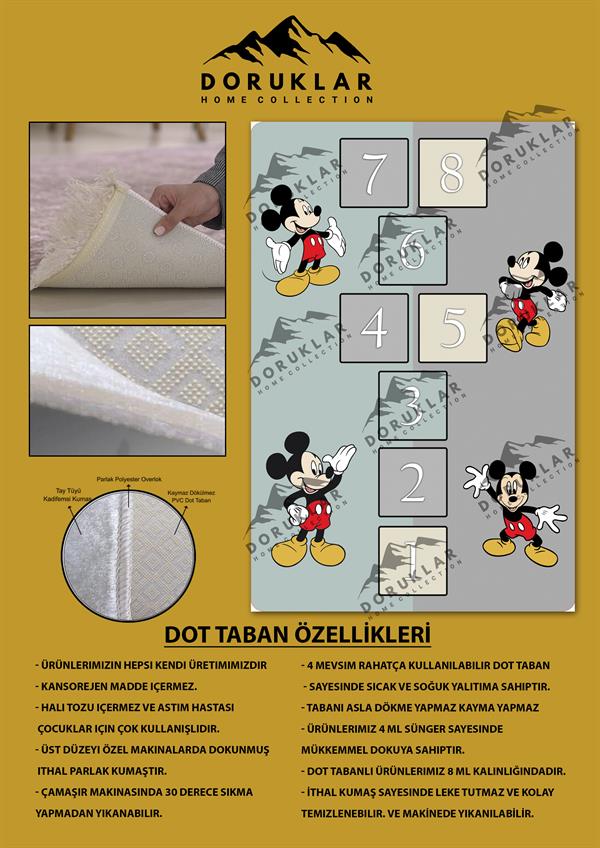 Kaymaz Taban Makinada Yıkanabilir Mickey Mouse Seksek Desenli Çocuk Halısı