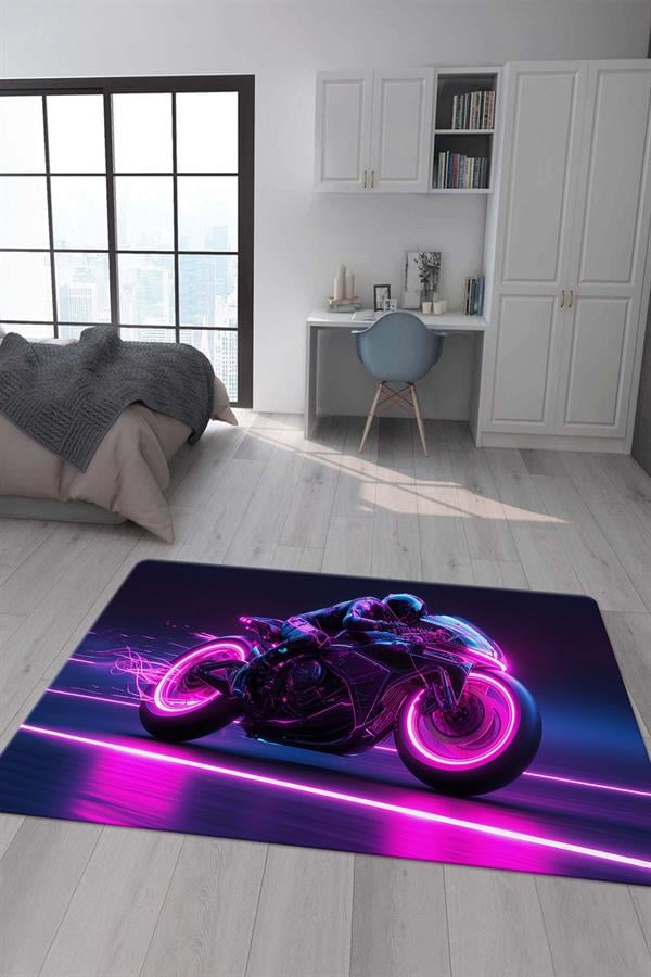 Kaymaz Taban Makinada Yıkanabilir Neon Motor Desenli Çocuk Halısı