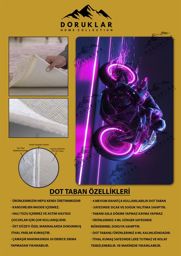 Kaymaz Taban Makinada Yıkanabilir Neon Motor Desenli Çocuk Halısı