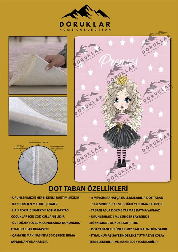 Kaymaz Taban Makinada Yıkanabilir Prenses Kız Desenli Çocuk Halısı