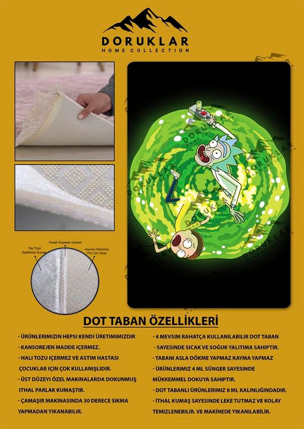 Kaymaz Taban Makinada Yıkanabilir Rick and Morty Desenli Çocuk Halısı