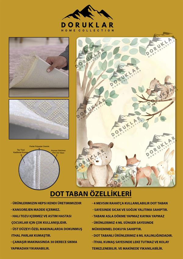Kaymaz Taban Makinada Yıkanabilir Tatlı Hayvanlar Desenli Çocuk Halısı