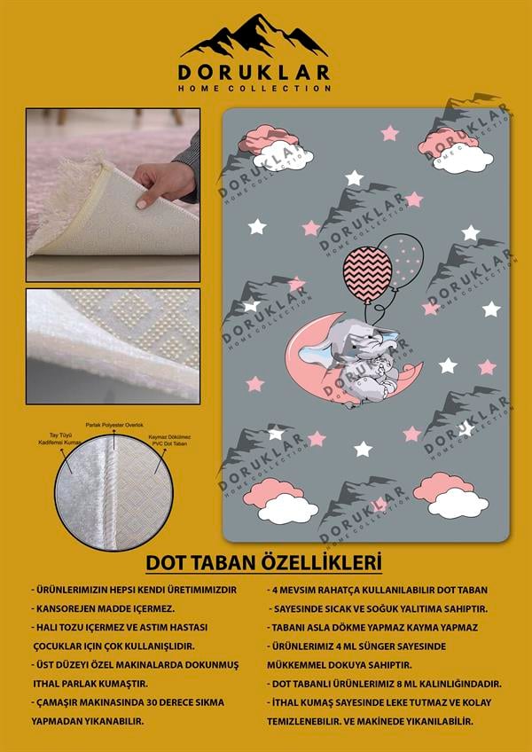 Kaymaz Taban Makinada Yıkanabilir Tatlı Fil Bulut Desenli Çocuk Halısı