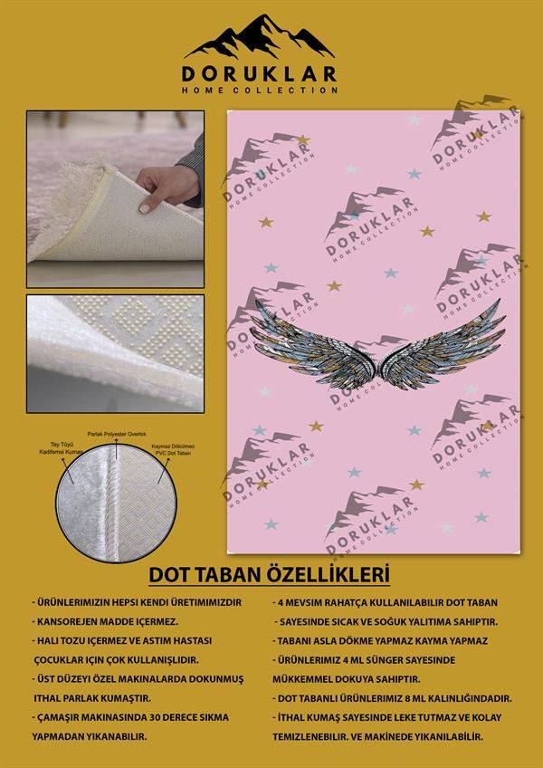 Kaymaz Taban Makinada Yıkanabilir Yıldızlar ve Kanat Desenli Çocuk Halısı